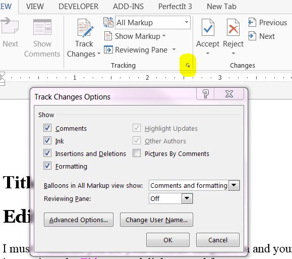 track changes options